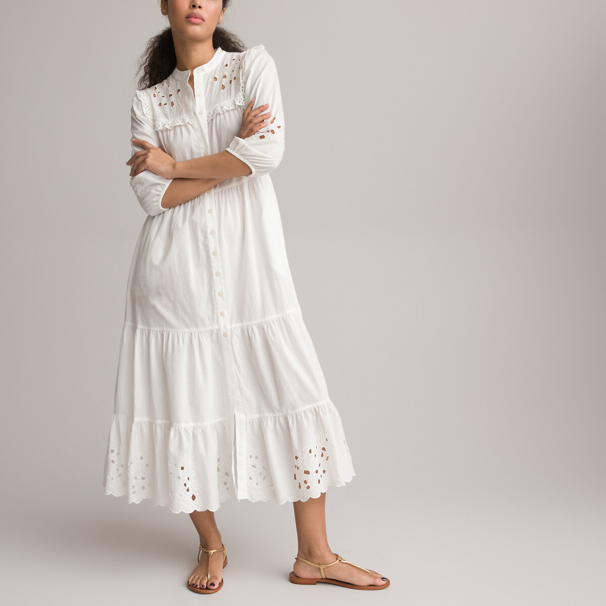 Платье-макси На пуговицах с вышивкой 40 белый LaRedoute, размер 40 - фото 2