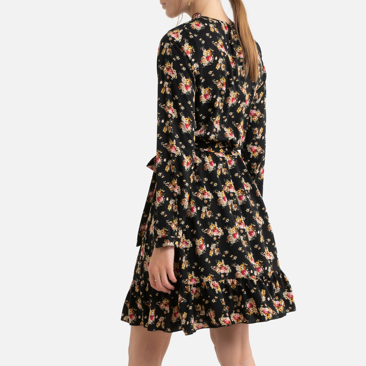Платье La Redoute С цветочным принтом короткое расклешенное с ремешком и V-образным вырезом L черный, размер L - фото 4