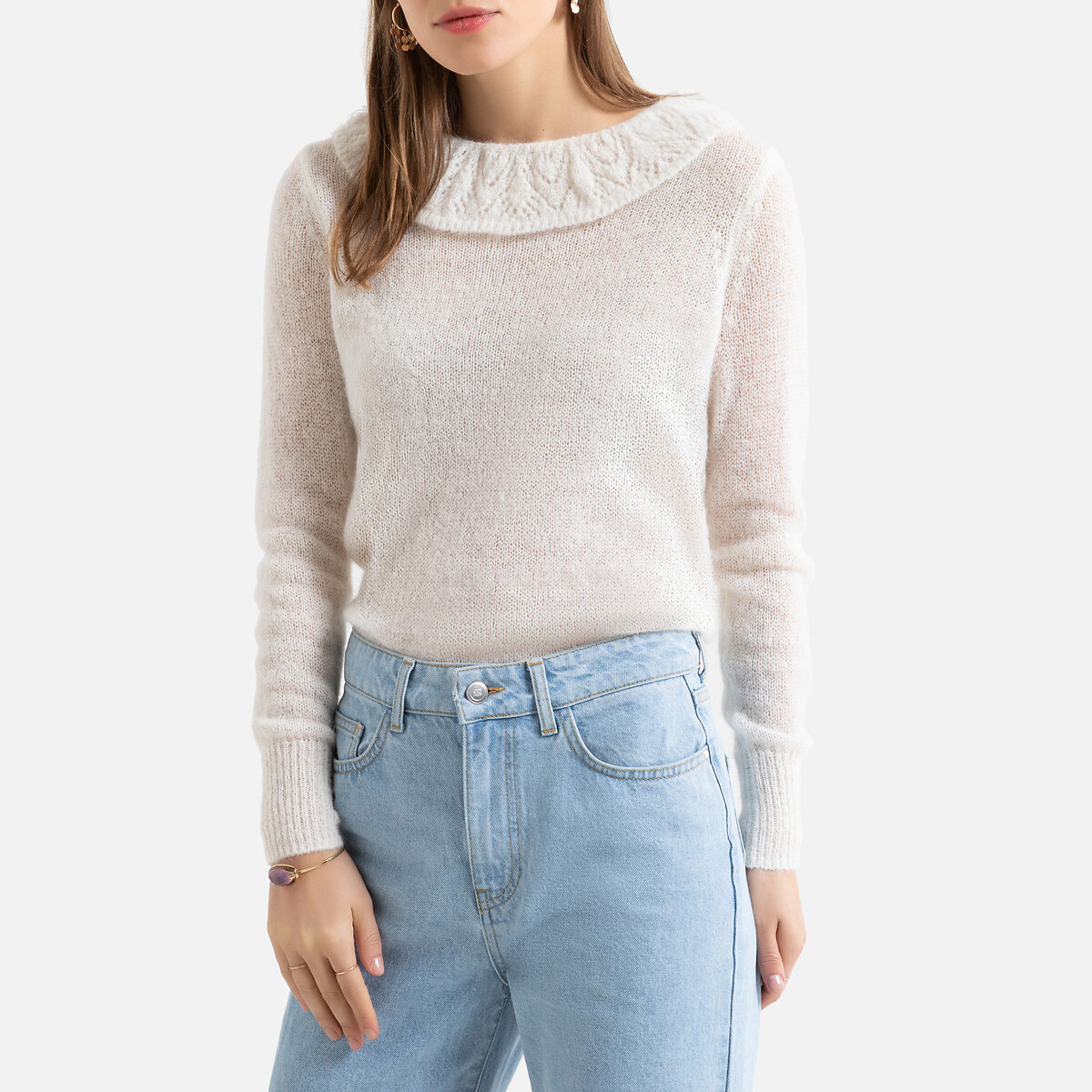Пуловер La Redoute С круглым вырезом с воланом и длинными рукавами S белый, размер S - фото 1