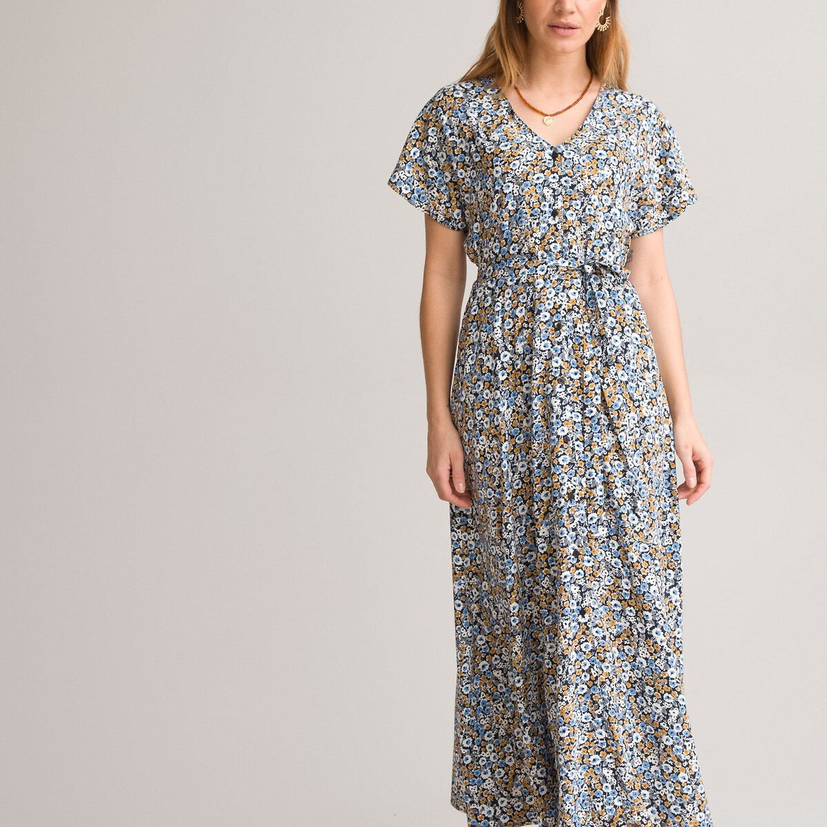 Платье Длинное расклешенное с цветочным принтом 58 синий