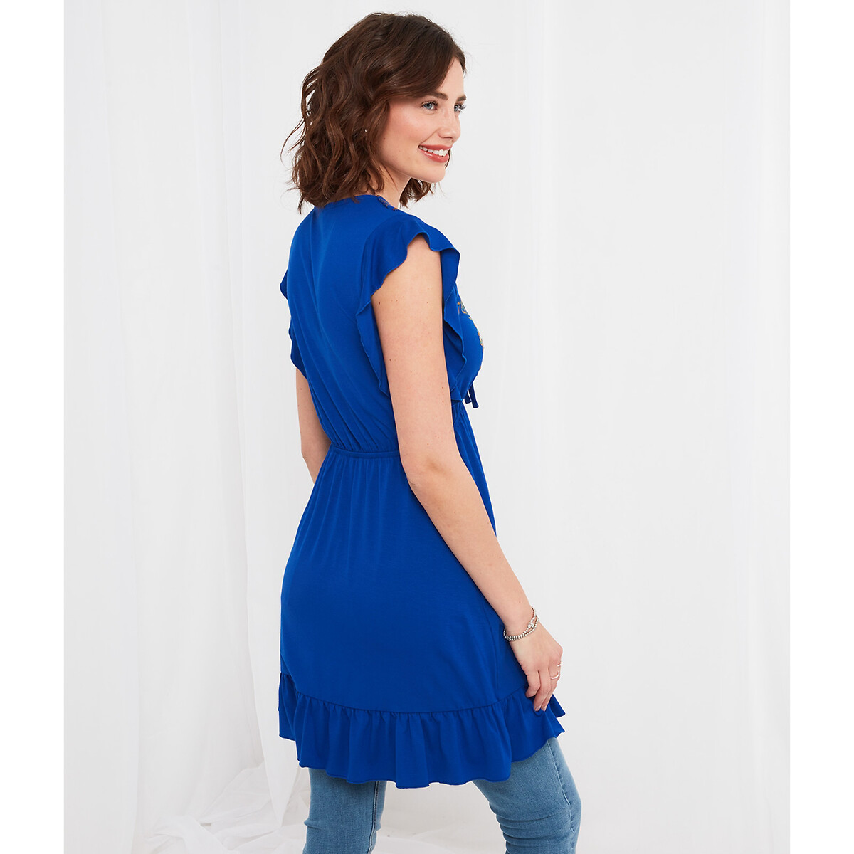 Платье Расклешенное с короткими рукавами и вышивкой 42 синий LaRedoute, размер 42 - фото 3