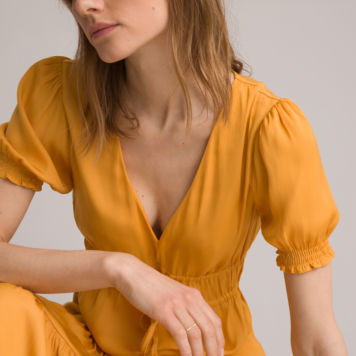 Платье-миди LA REDOUTE COLLECTIONS С v-образным вырезом короткие рукава 44 желтый, размер 44 - фото 2