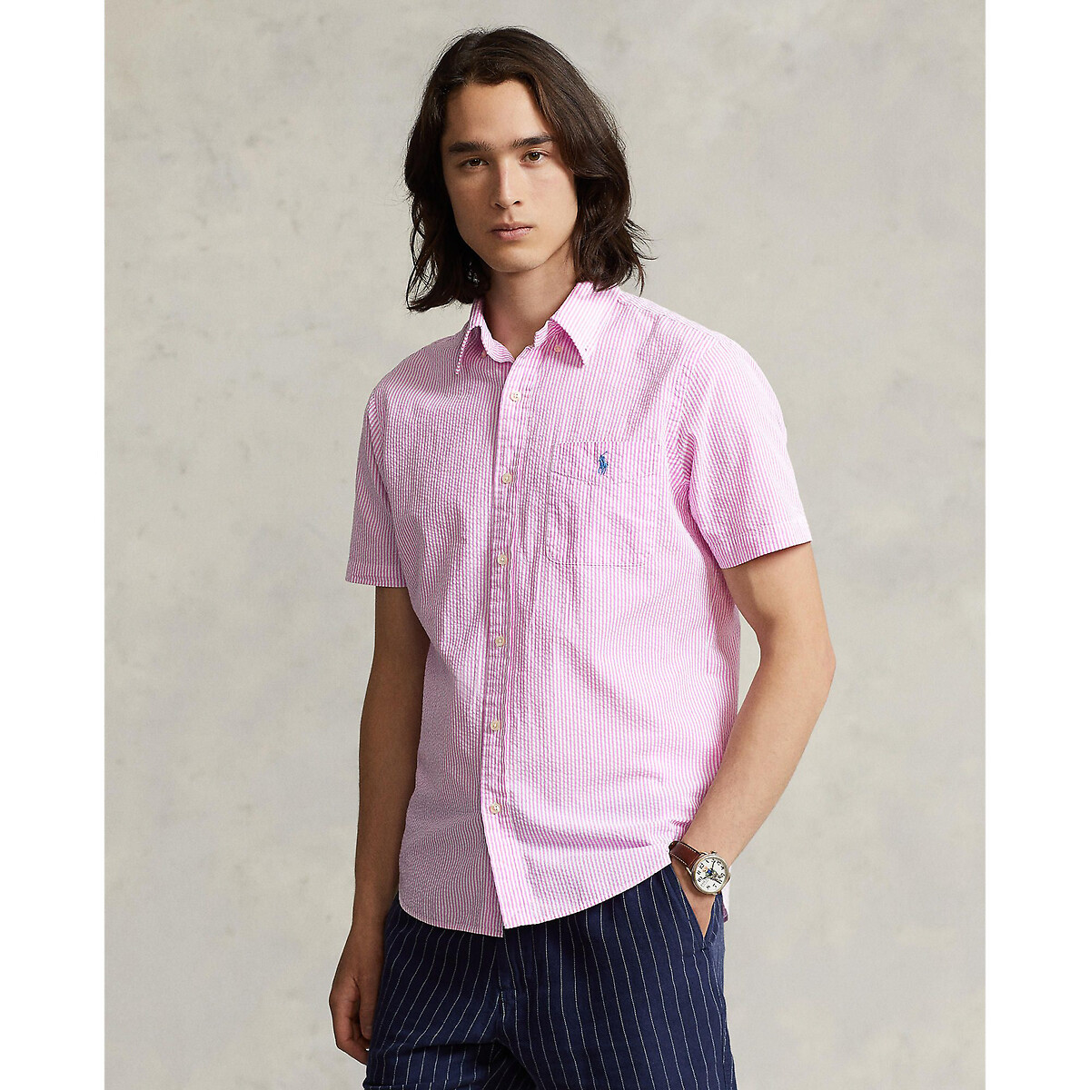 Рубашка Из легкой полосатой ткани с вышитым логотипом L розовый
