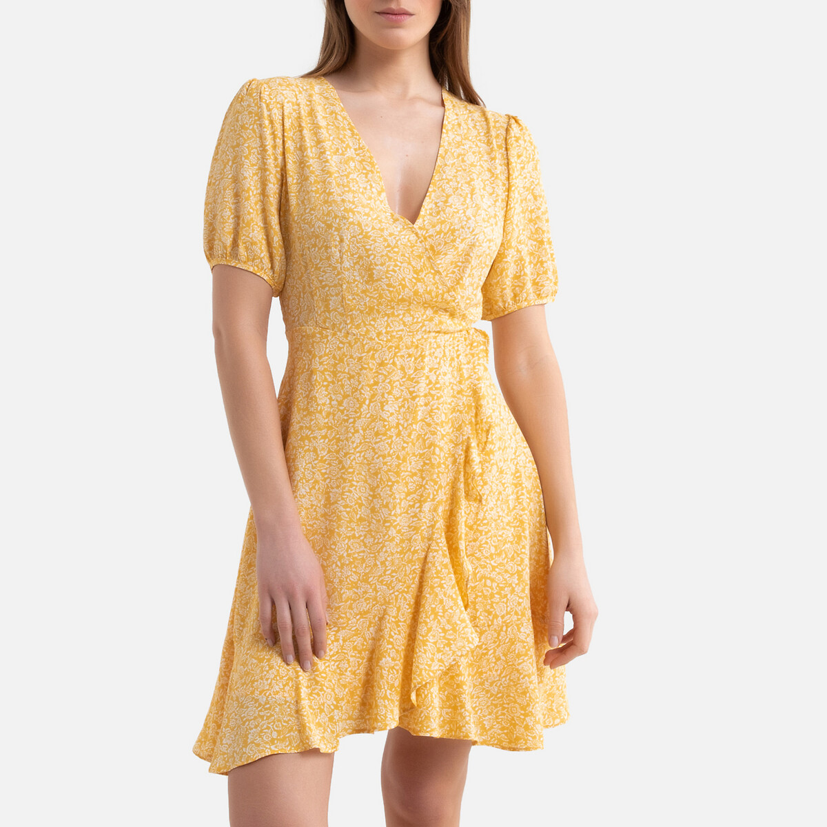 Платье LaRedoute Короткое с запахом с цветочным рисунком S желтый, размер S - фото 1