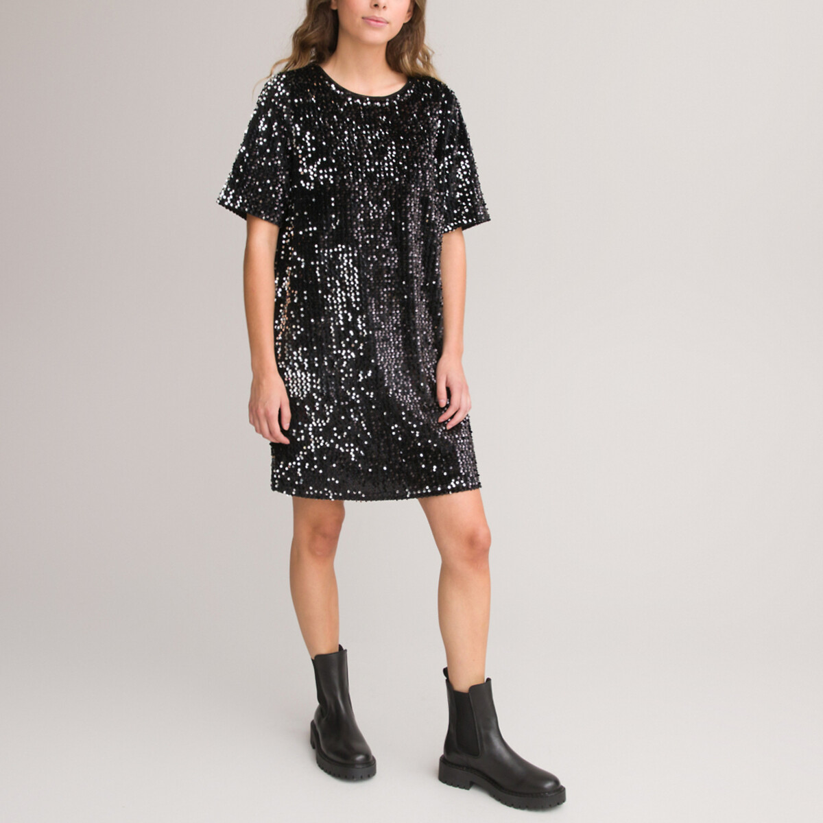 Платье прямое с блестками и короткими рукавами XS черный цена и фото