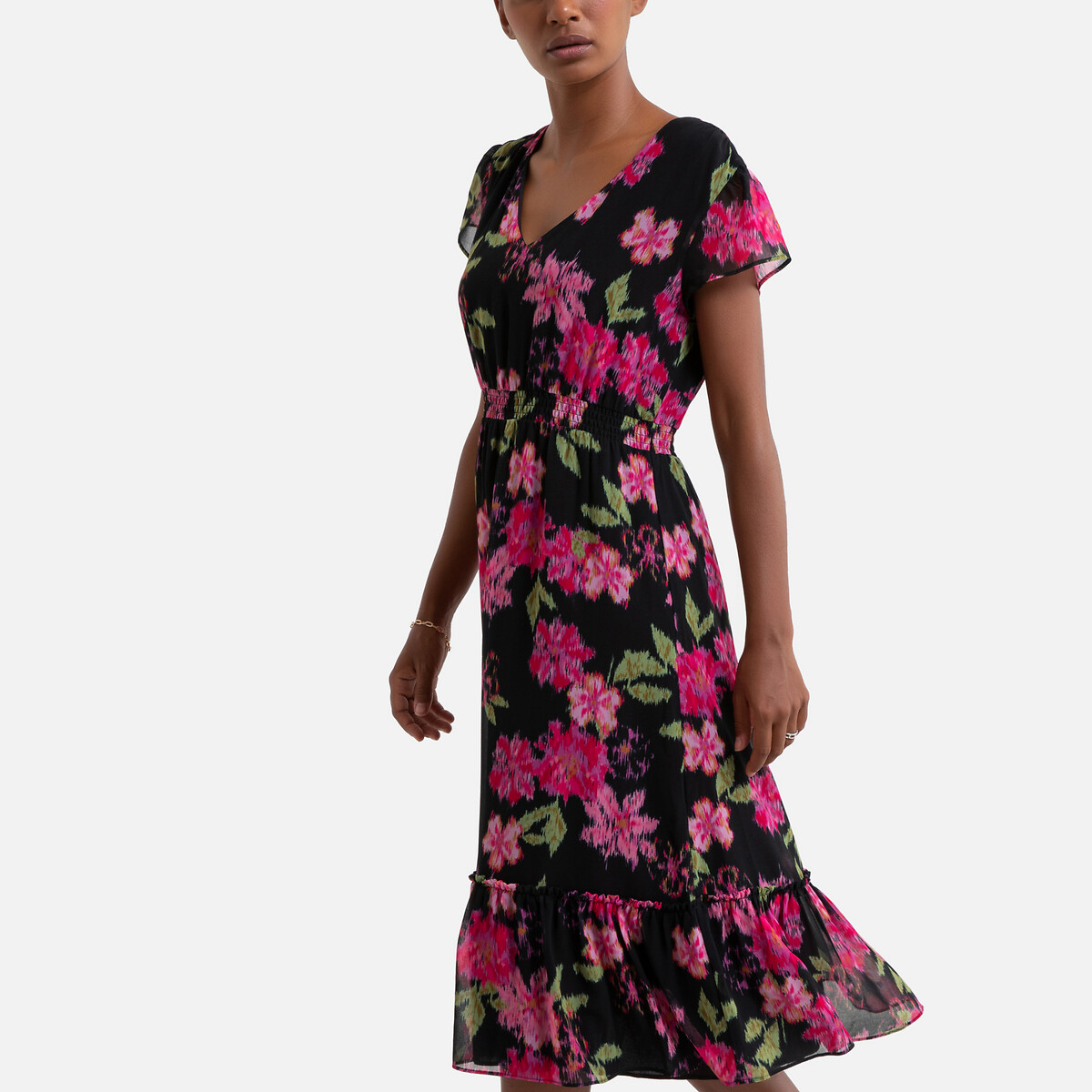 Платье LaRedoute Длинное с цветочным принтом короткие рукава S черный, размер S - фото 1