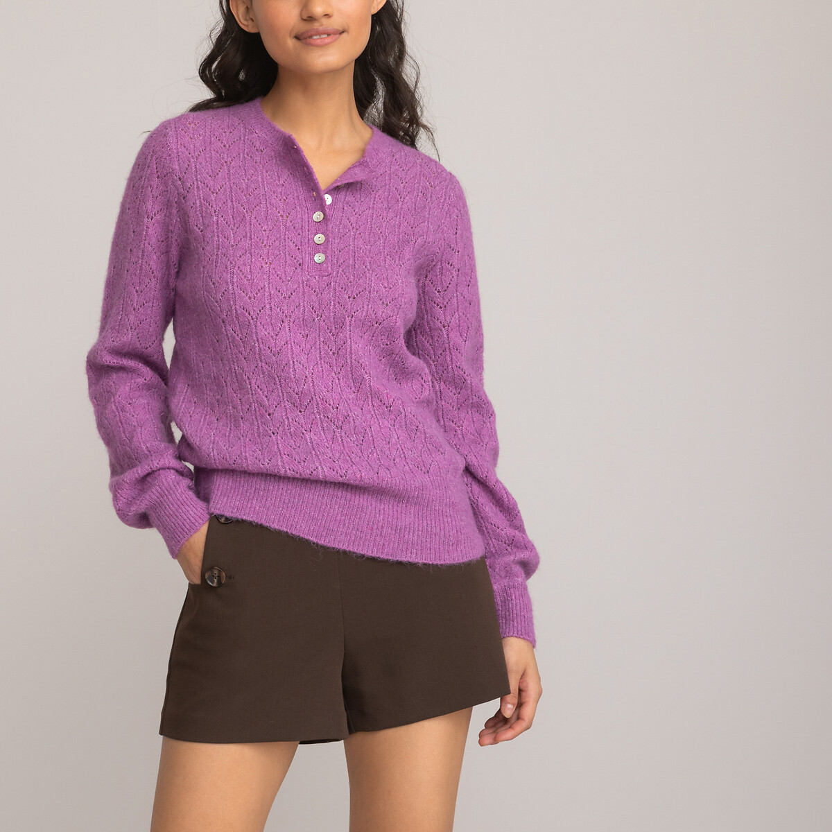 Пуловер с тунисским вырезом из трикотажа пуантель S фиолетовый пуловер с тунисским вырезом из тонкого трикотажа 5 лет 108 см бежевый