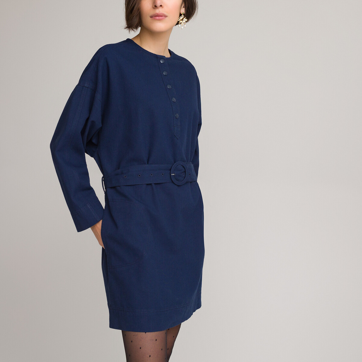Платье Прямое с круглым вырезом и ремешком 44 синий