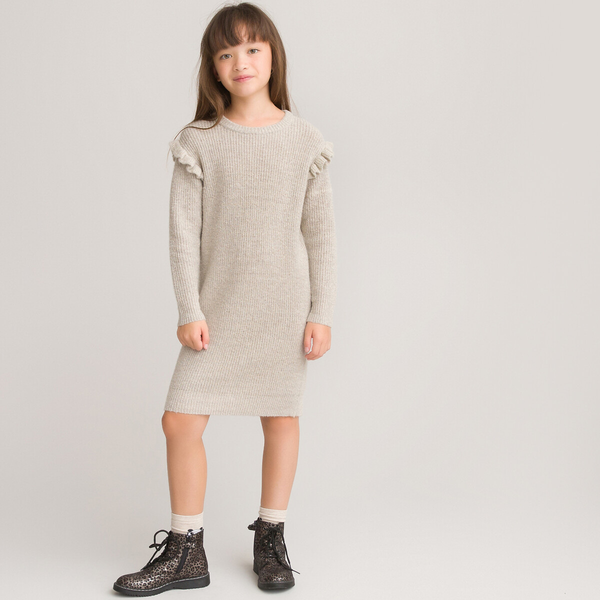 Платье-пуловер LaRedoute С длинными рукавами 3-12 лет 4 года - 102 см бежевый, размер 4 года - 102 см