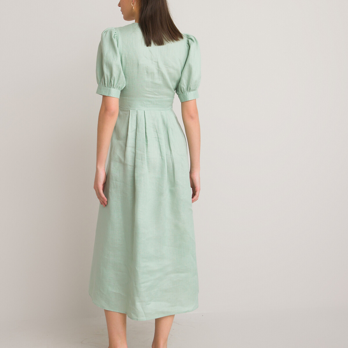 Платье LA REDOUTE COLLECTIONS Из льна длинное V-образный вырез короткие рукава 40 зеленый, размер 40 - фото 4