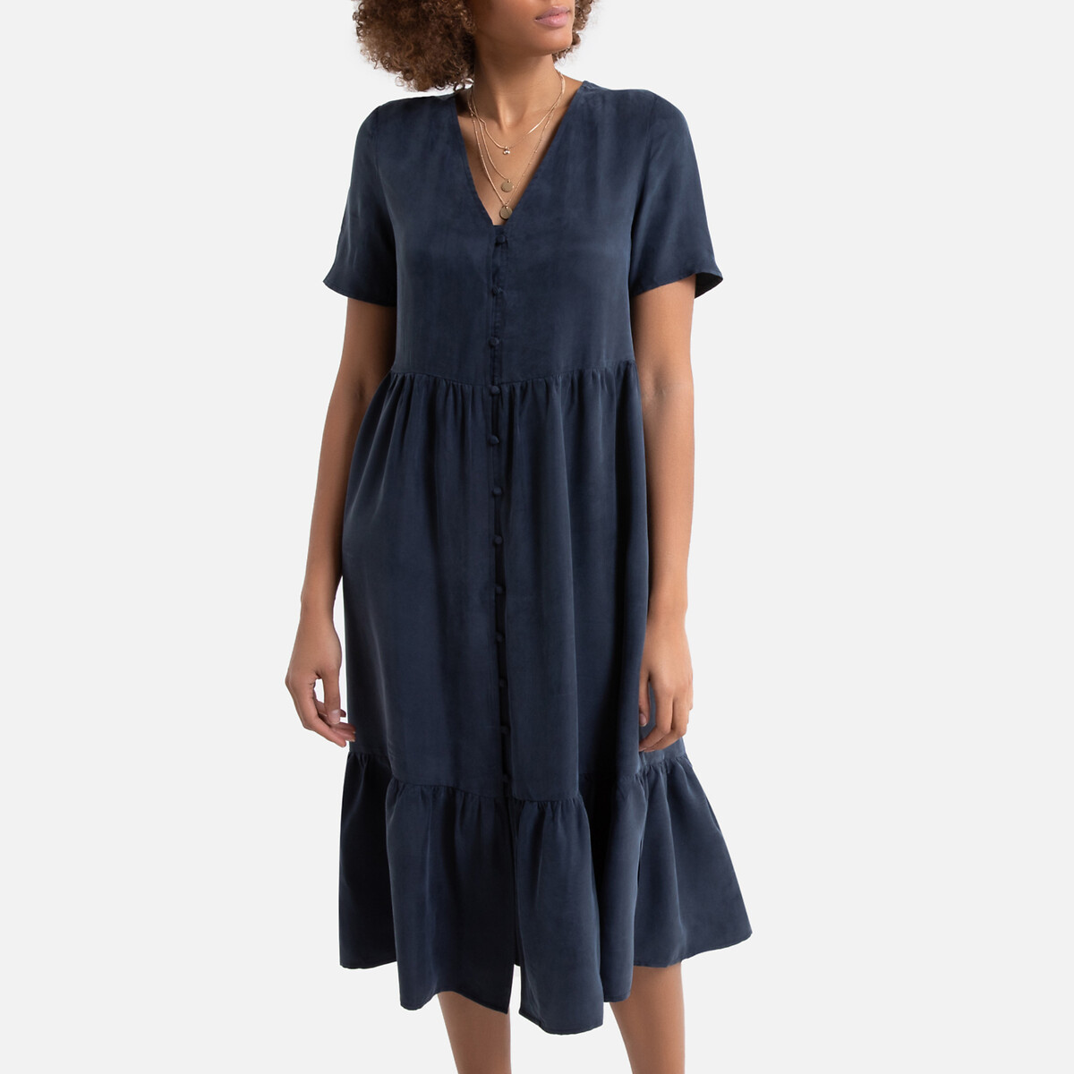 Платье La Redoute С V-образным вырезом с короткими рукавами средней длины 38 (FR) - 44 (RUS) синий, размер 38 (FR) - 44 (RUS) С V-образным вырезом с короткими рукавами средней длины 38 (FR) - 44 (RUS) синий - фото 1