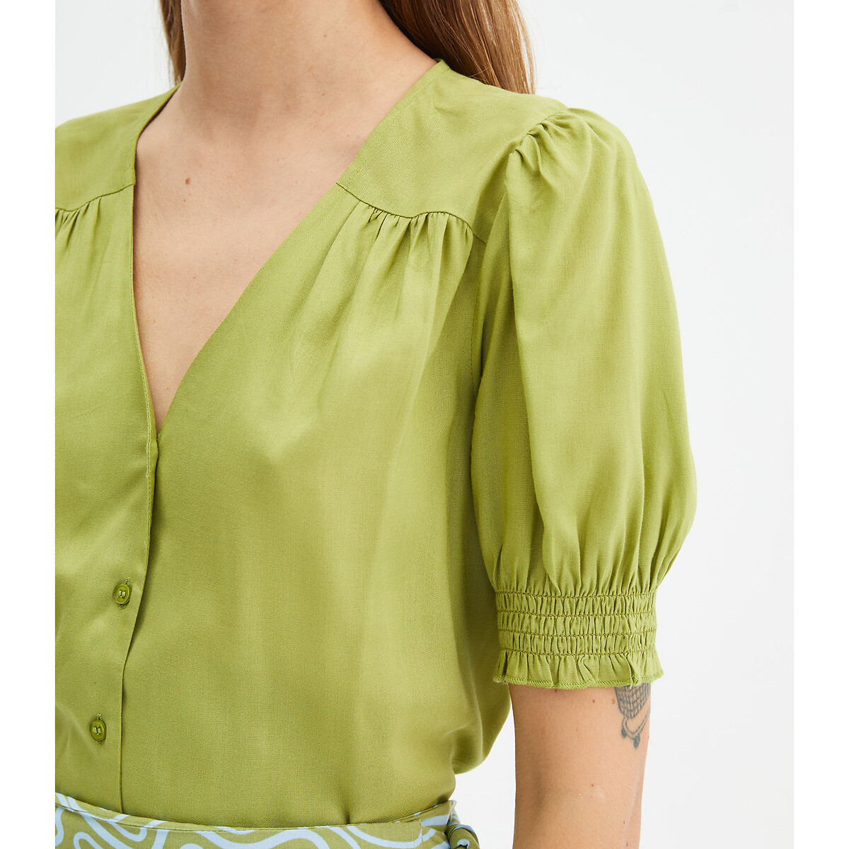 Блузка Однотонная с короткими рукавами с напуском S зеленый LaRedoute, размер S - фото 2