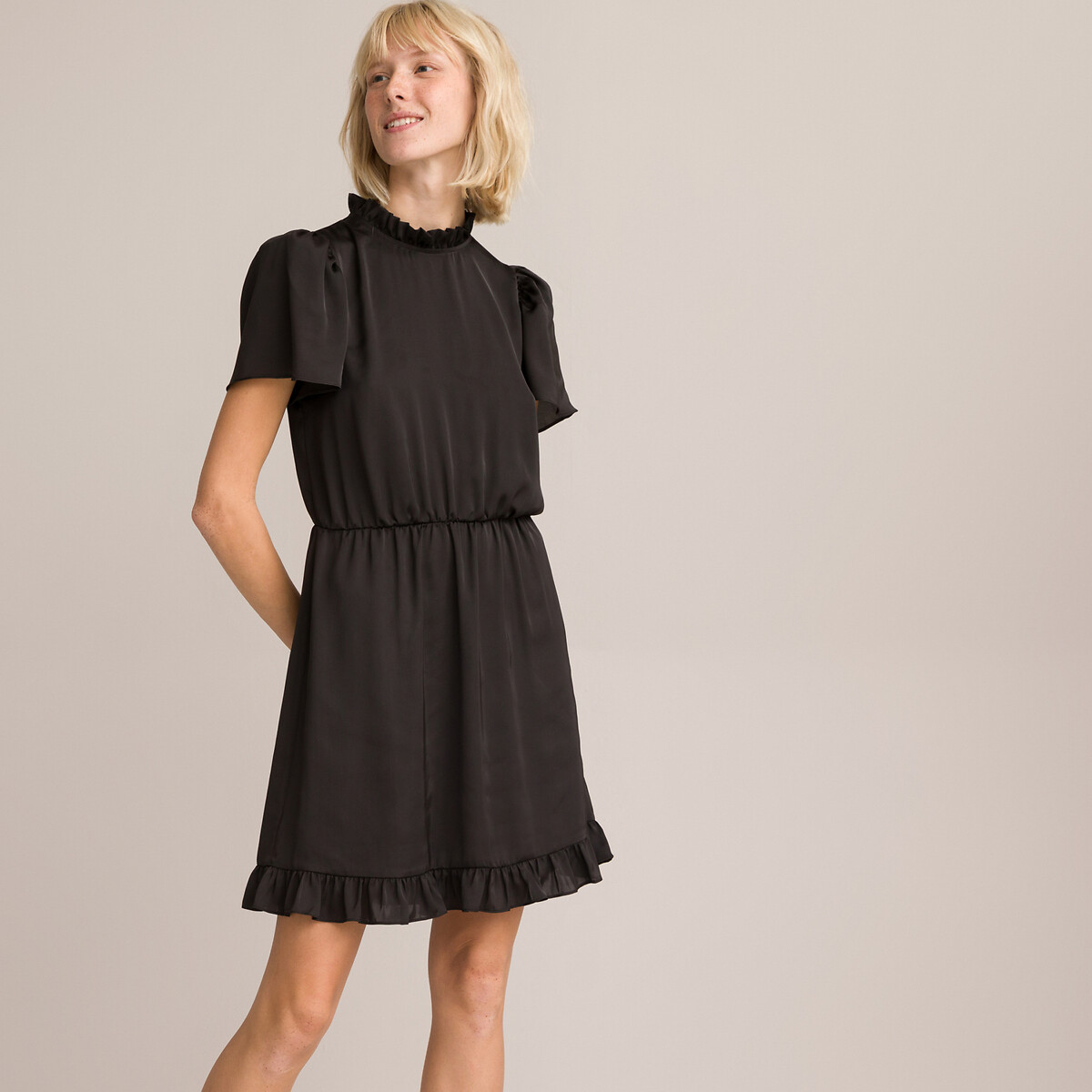 Платье Короткое воротник-стойка с воланом короткие рукава 46 черный LaRedoute, размер 46 - фото 3