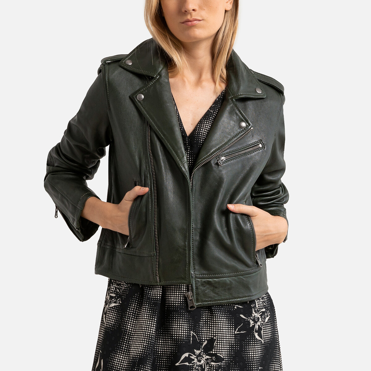 Куртка короткая асимметричная из кожи BOOGIE XS зеленый
