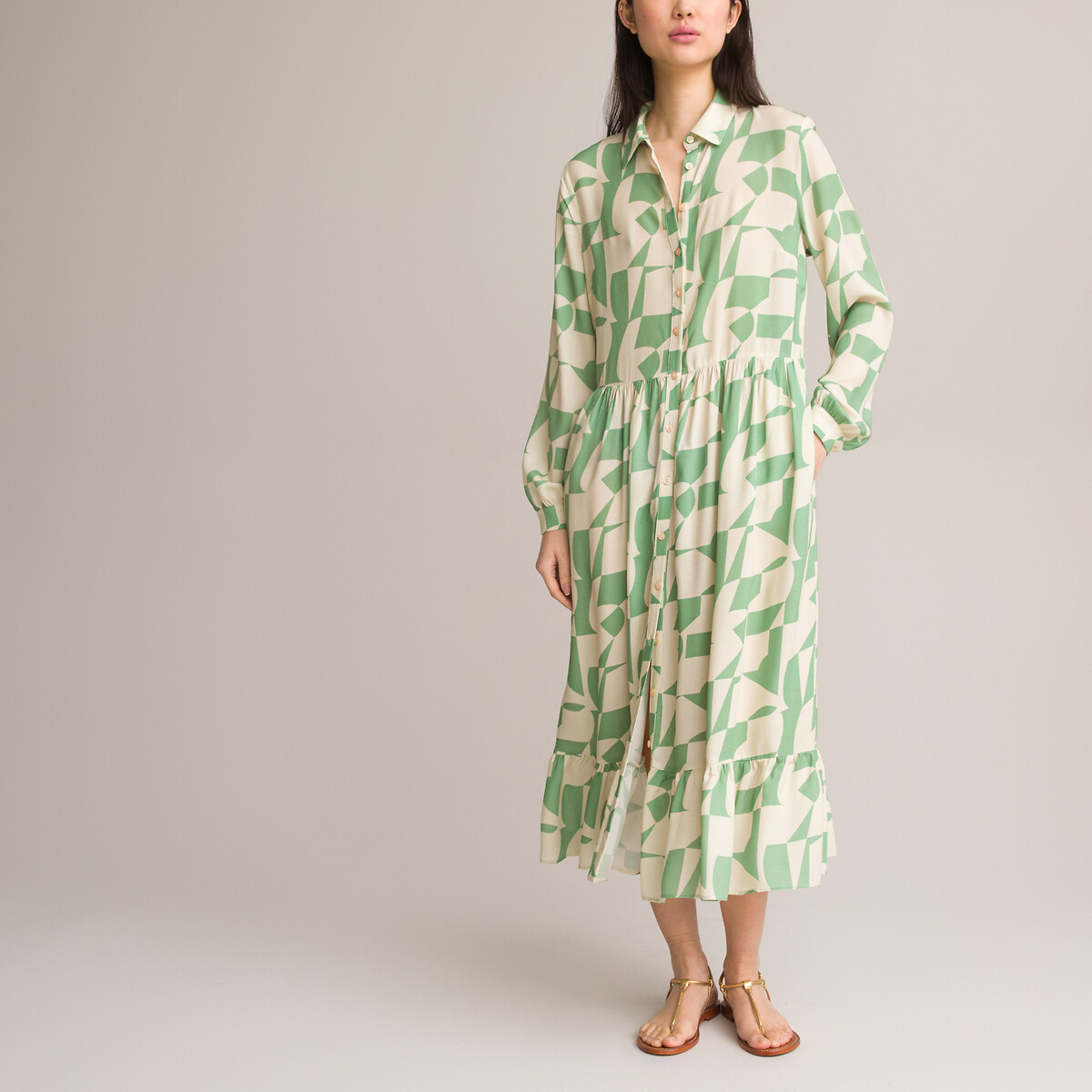 Платье-рубашка Длина миди длинные рукава 58 зеленый LaRedoute, размер 58 - фото 2