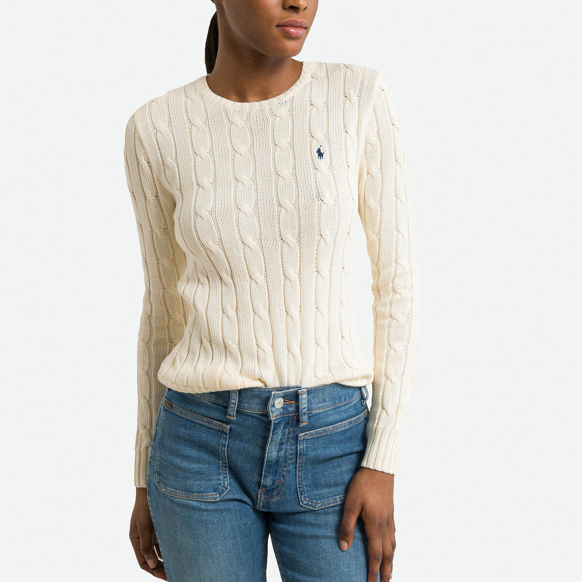 Пуловер с круглым вырезом из трикотажа с витым узором  XL бежевый