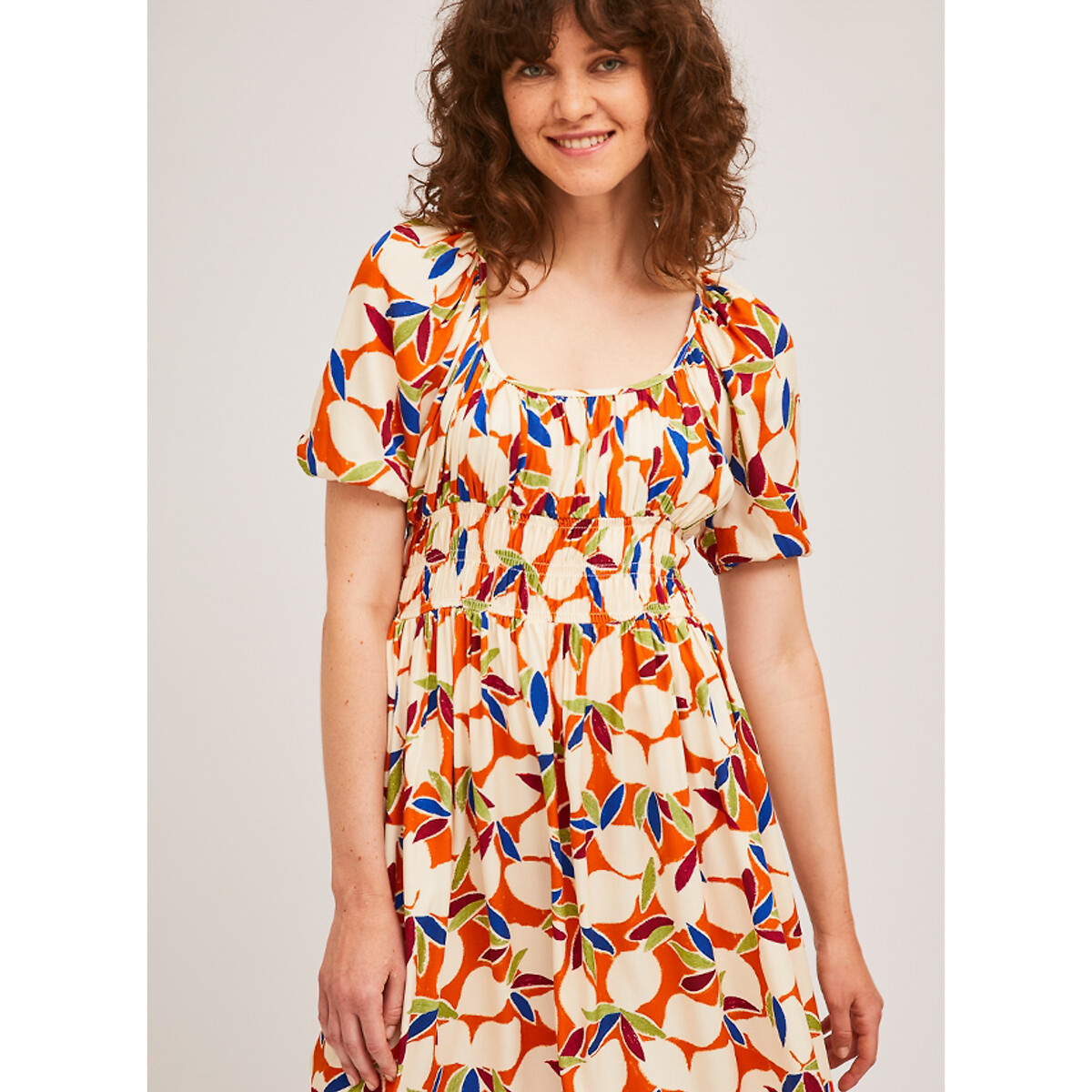 Платье-миди LaRedoute Расклешенное круглый вырез с принтом XS оранжевый, размер XS - фото 5