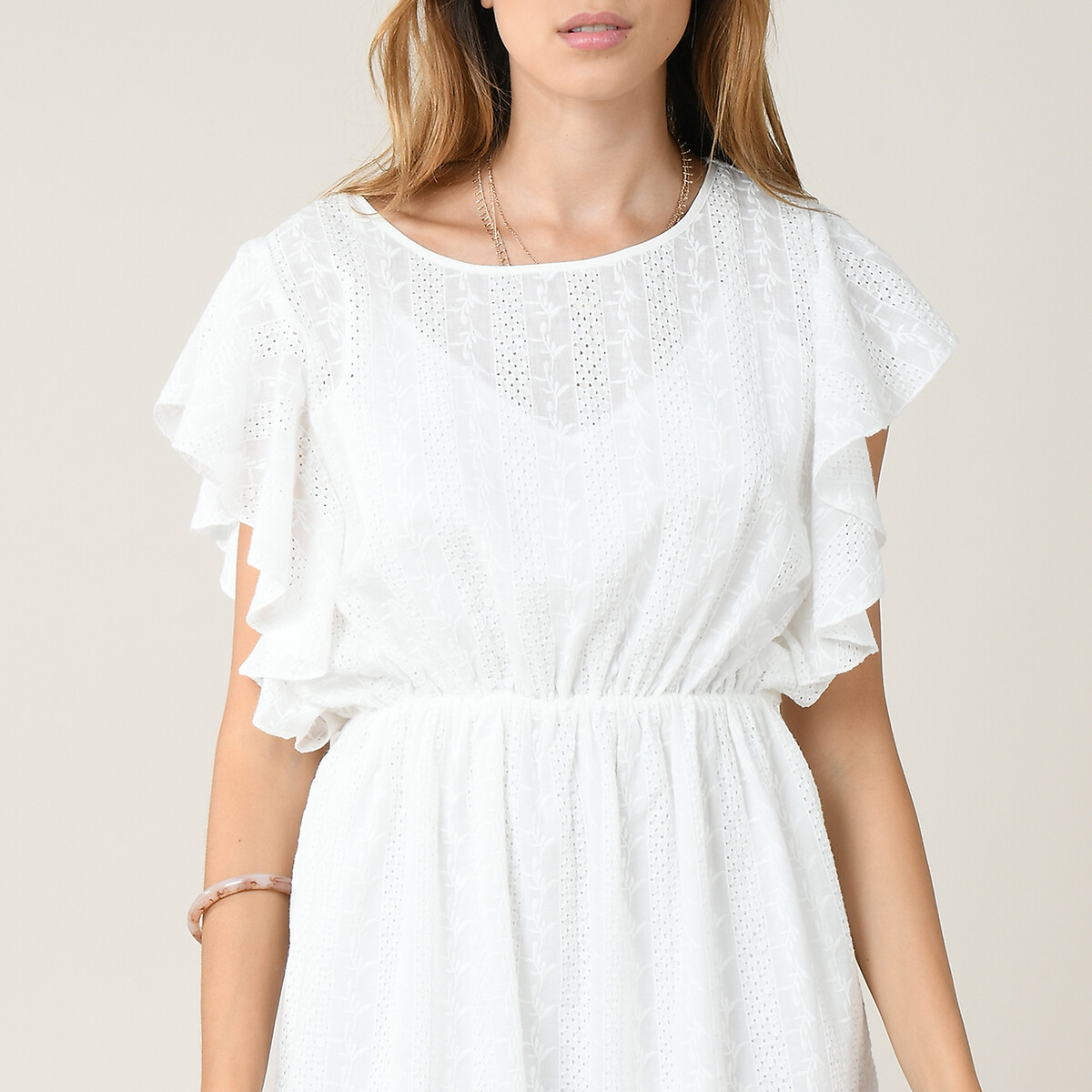 Платье LaRedoute Короткое с вышивкой рукава с воланами круглый вырез L белый, размер L - фото 4