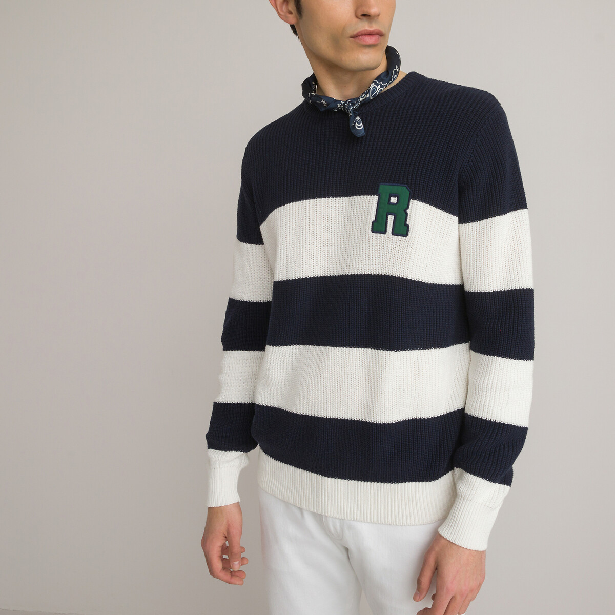 Пуловер В полоску с круглым вырезом из объемного трикотажа L синий LaRedoute, размер L - фото 3