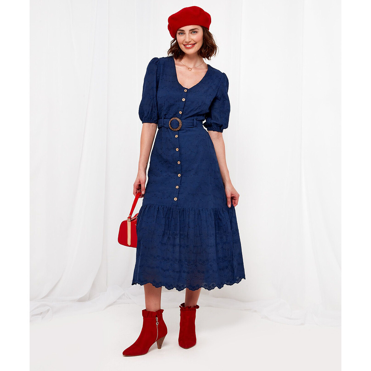 Платье-миди С V-образным вырезом короткие рукава с напуском 48 синий LaRedoute, размер 48 - фото 3