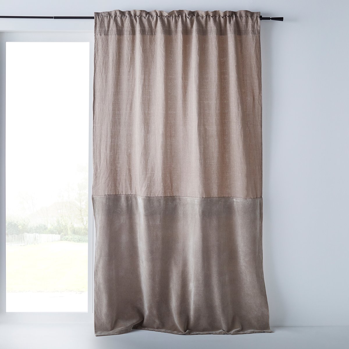 Image of Aasta Dual Fabric Single Curtain Panel in Linen/Velvet