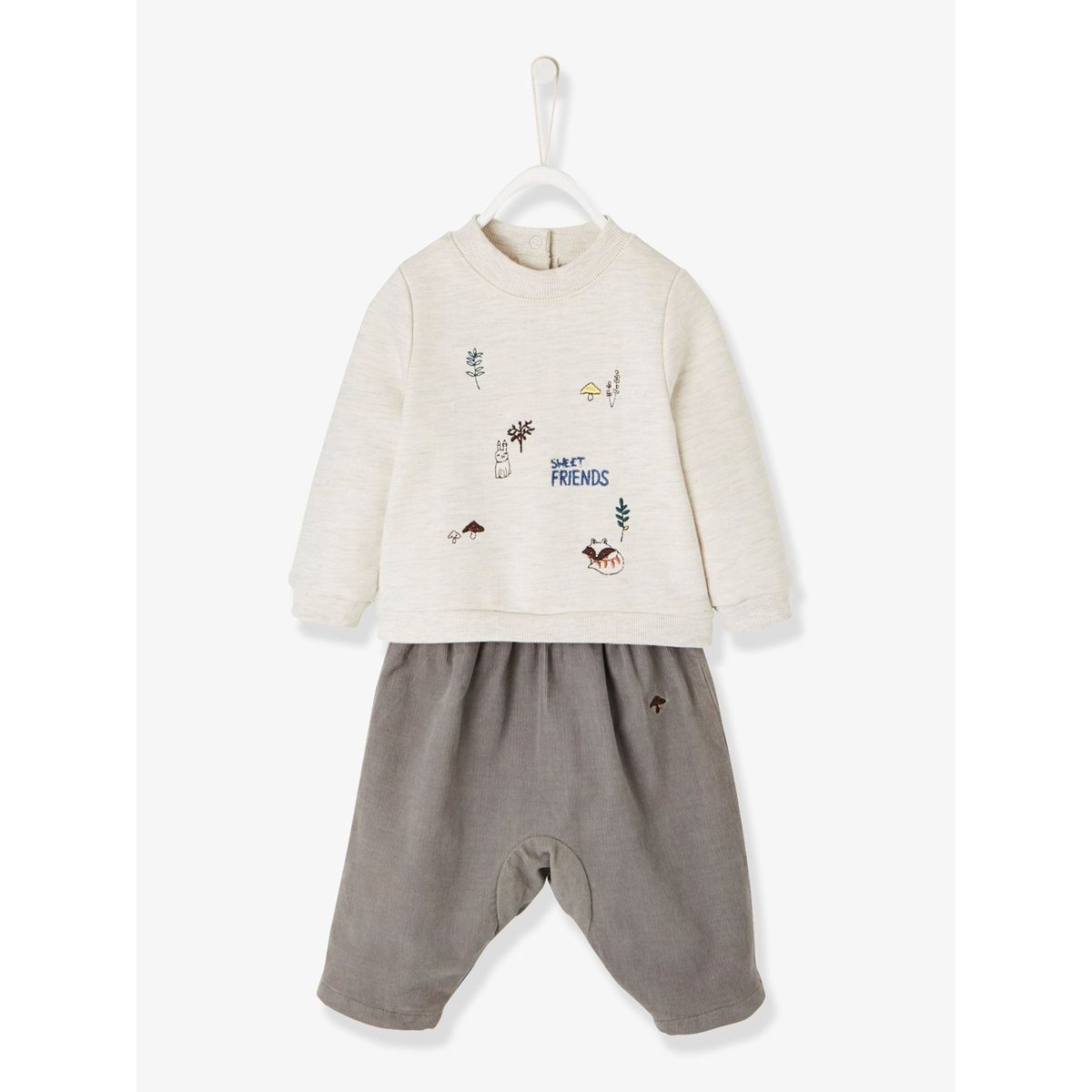 Ensemble sweat brodé renard, pantalon molleton et chaussons fourrure bébé naissance