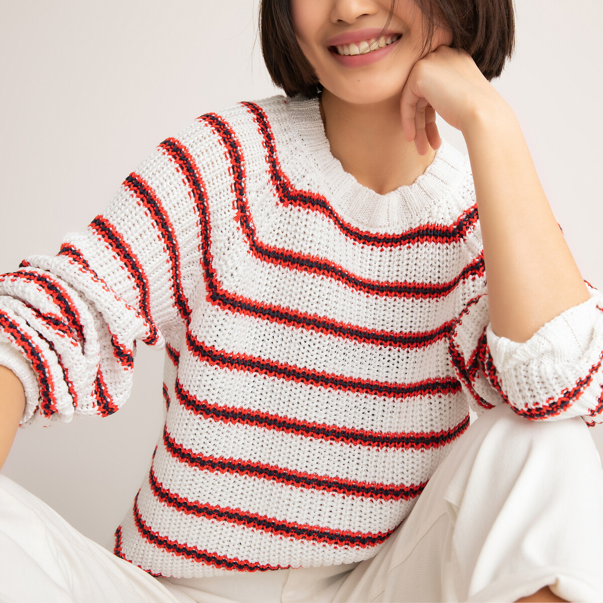 Пуловер LaRedoute Объемный в полоску из плотного трикотажа 10-18 лет 16 лет - 162 см белый, размер 16 лет - 162 см