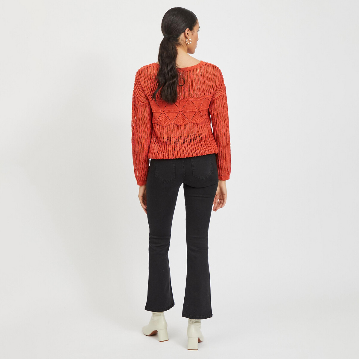 Пуловер LaRedoute С круглым вырезом из тонкого ажурного трикотажа XS оранжевый, размер XS - фото 3