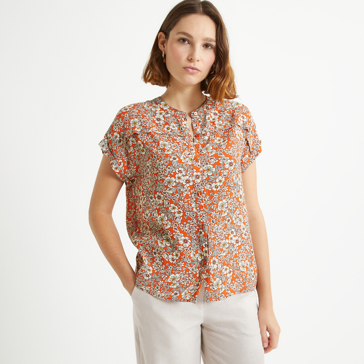 Блузка с круглым вырезом цветочным принтом короткими рукавами 40 (FR) - 46 (RUS) оранжевый блузка с принтом и короткими рукавами 34 fr 40 rus разноцветный