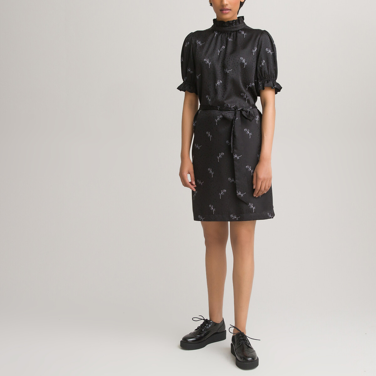 Платье LaRedoute С воротником-стойкой короткие рукава из сатина с принтом 42 черный, размер 42 - фото 2