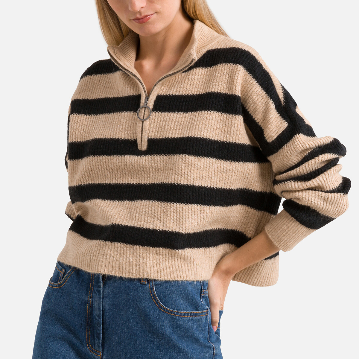 Пуловер с воротником-стойкой из объемного трикотажа M черный пуловер с длинным воротником из плетеного трикотажа l синий