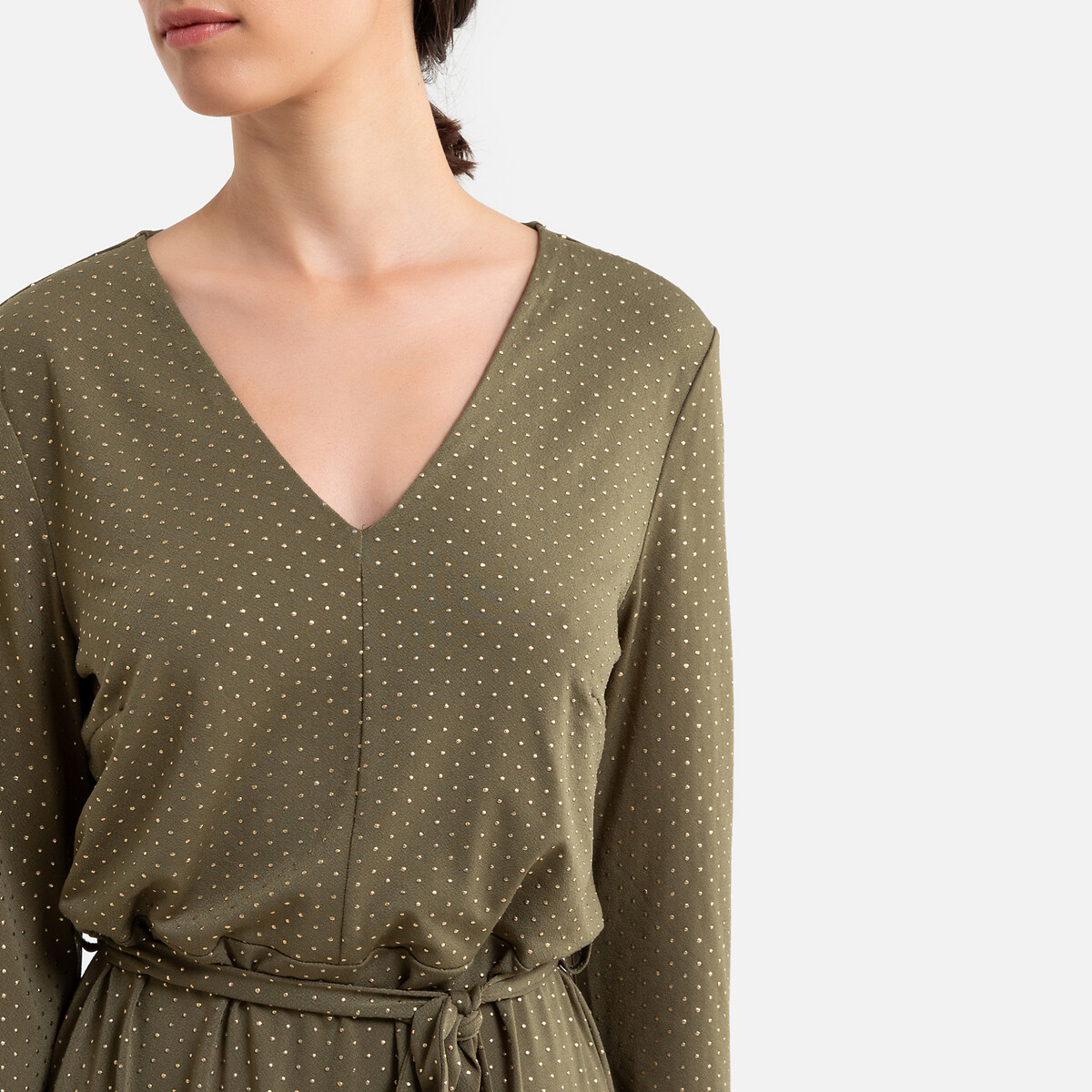 Платье La Redoute Короткое в горошек V-образный вырез с завязками XS зеленый, размер XS - фото 3