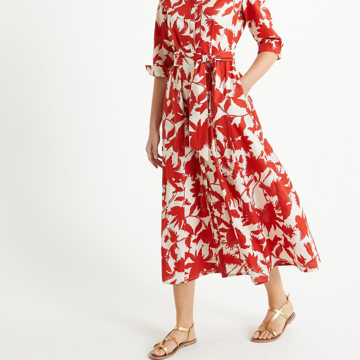 Платье длинное расклешенное с принтом короткими рукавами  58 красный LaRedoute, размер 58 - фото 3