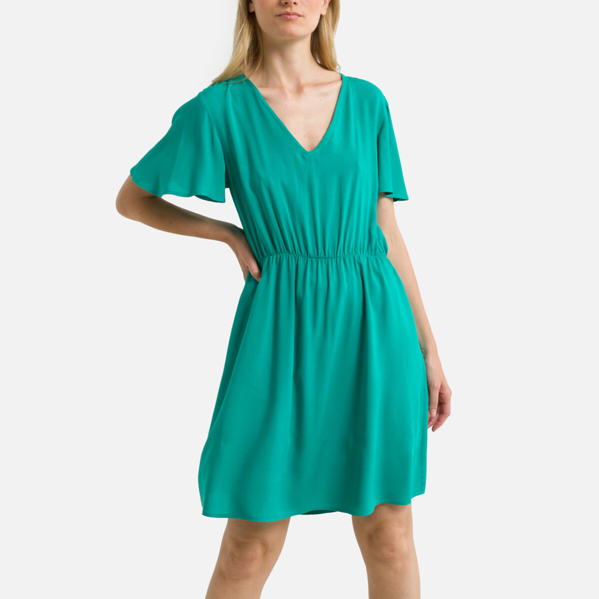 Платье Укороченное V-образный вырез короткие рукава 46 зеленый LaRedoute, размер 46 - фото 1