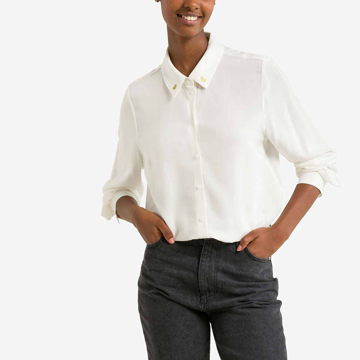 Рубашка С вышивкой в форме сердца на воротнике длинные рукава XL белый LaRedoute, размер XL - фото 1