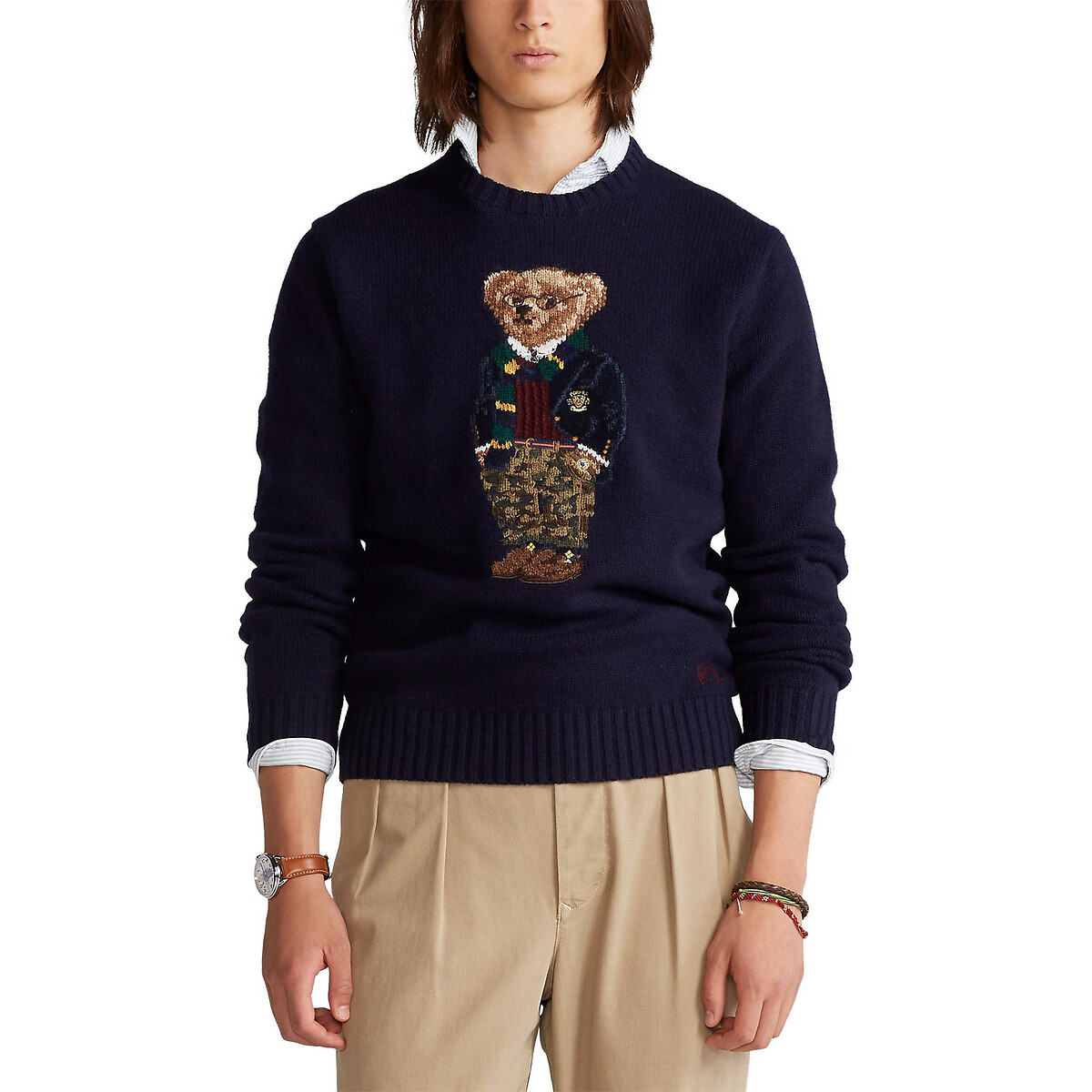 Пуловер LaRedoute С круглым вырезом из смесовой шерсти с рисунком медведь L синий, размер L