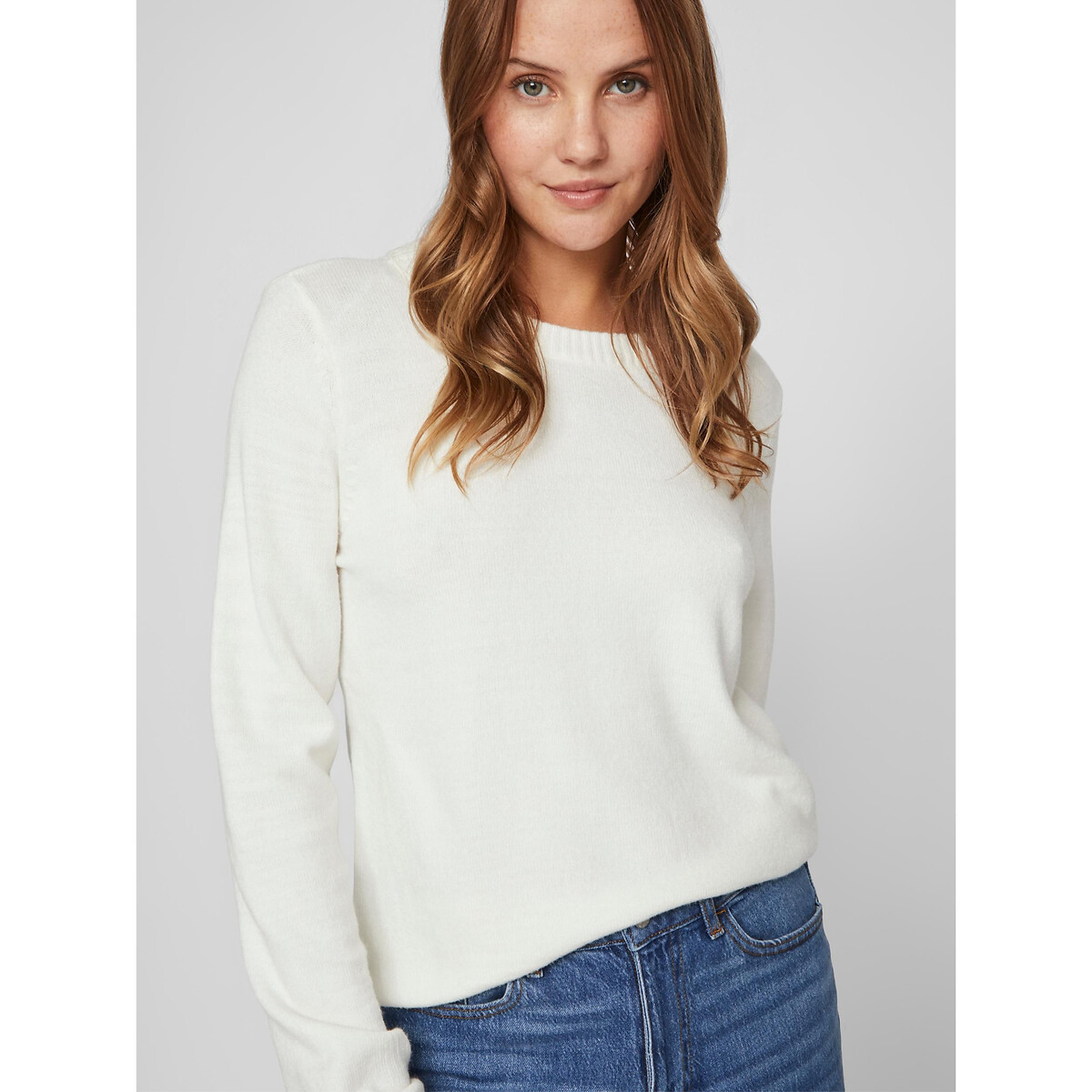 Пуловер с круглым вырезом из тонкого трикотажа XS белый фото