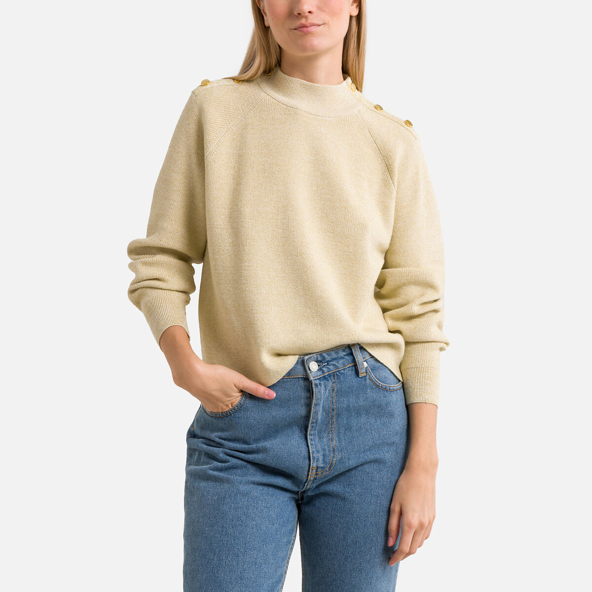Пуловер с эффектом блеска воротник-стойка S бежевый