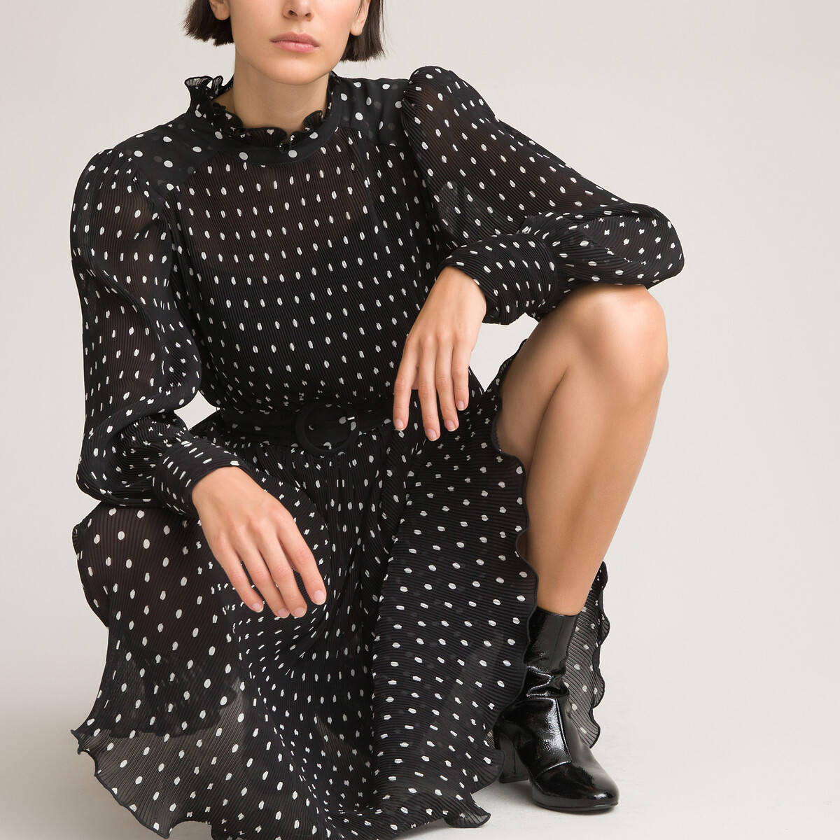 Платье LaRedoute С плиссировкой и принтом в горошек длина миди 34 44 черный, размер 44 - фото 1