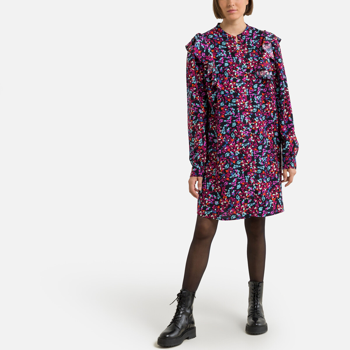 Платье С воротником-стойкой длинные рукава цветочный принт XS разноцветный LaRedoute, размер XS - фото 2