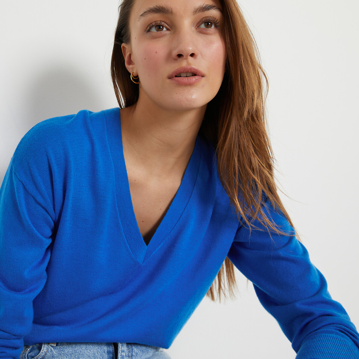 Пуловер с V-образным вырезом из тонкого трикотажа  L синий LaRedoute, размер L