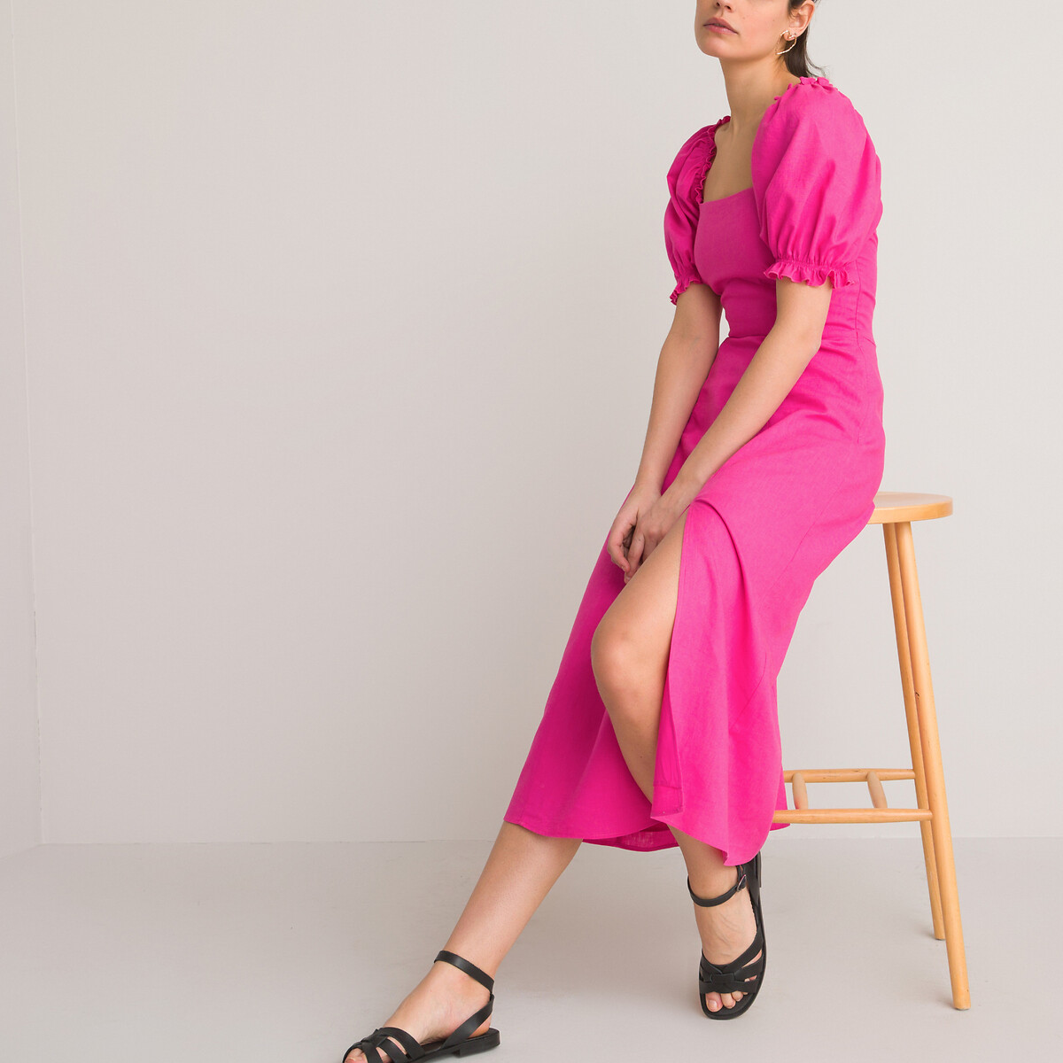 Платье LA REDOUTE COLLECTIONS Длинное с квадратным вырезом из смешанного льна 52 розовый, размер 52 - фото 2