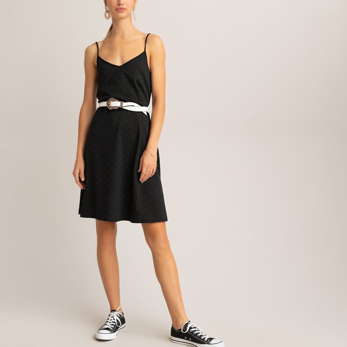 Платье La Redoute Короткое на тонких бретелях с принтом в горошек M черный, размер M - фото 2