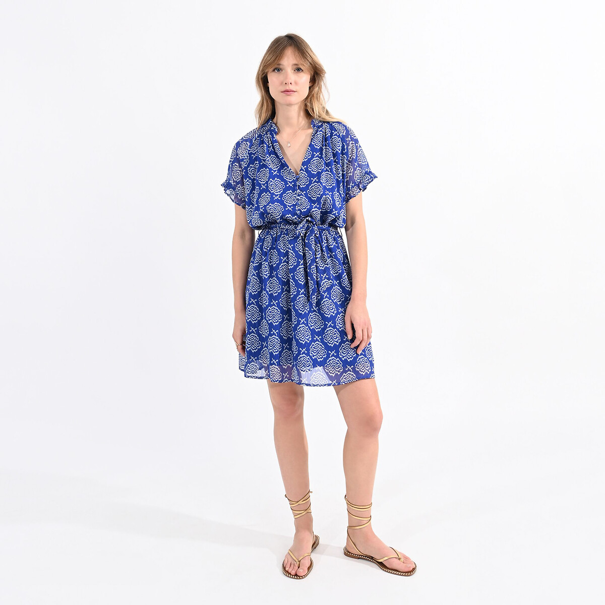 Платье короткое с принтом и поясом  XS синий LaRedoute, размер XS - фото 1