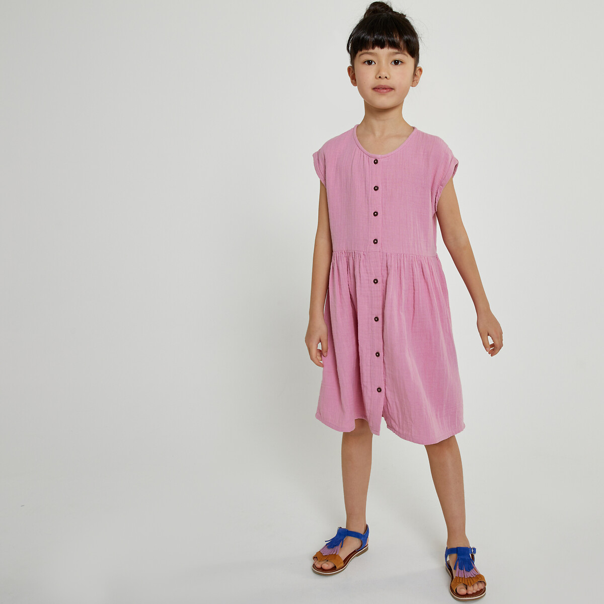 Платье без рукавов на пуговицах из газовой хлопчатобумажной ткани  3 года - 94 см розовый LaRedoute, размер 3 года - 94 см