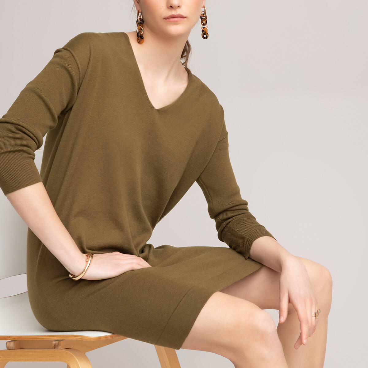 Платье-пуловер La Redoute Короткое V-образный вырез и длинные рукава из трикотажа L зеленый, размер L - фото 2