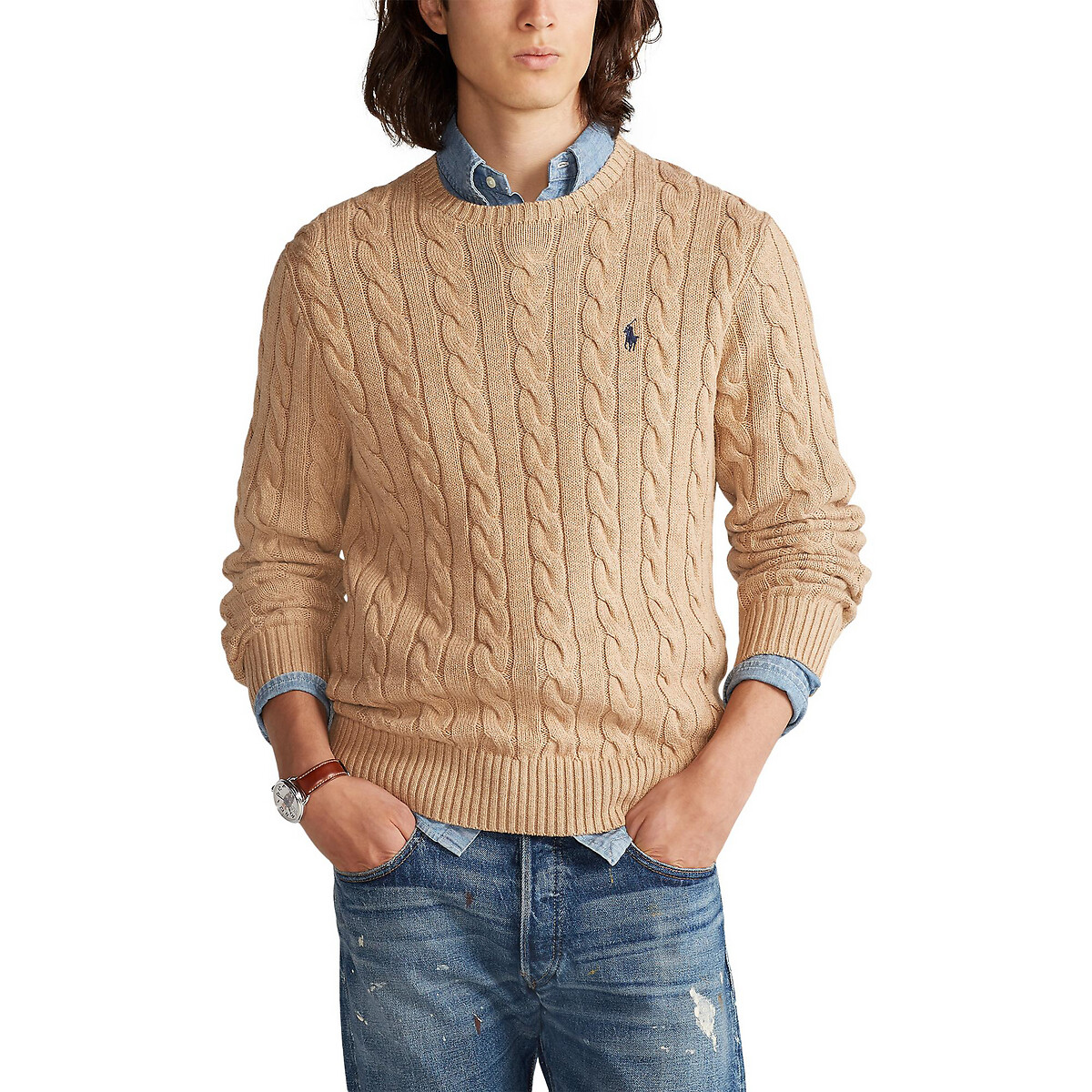 Пуловер с круглым вырезом и узором косы из хлопкового трикотажа XL каштановый пуловер с круглым вырезом из трикотажа с узором косы xl бежевый