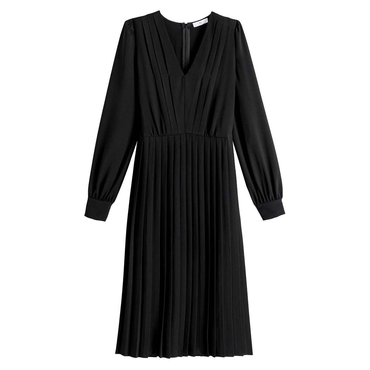 Платье LaRedoute С плиссировкой и V-образным вырезом длинные рукава с напуском 44 черный, размер 44 - фото 5