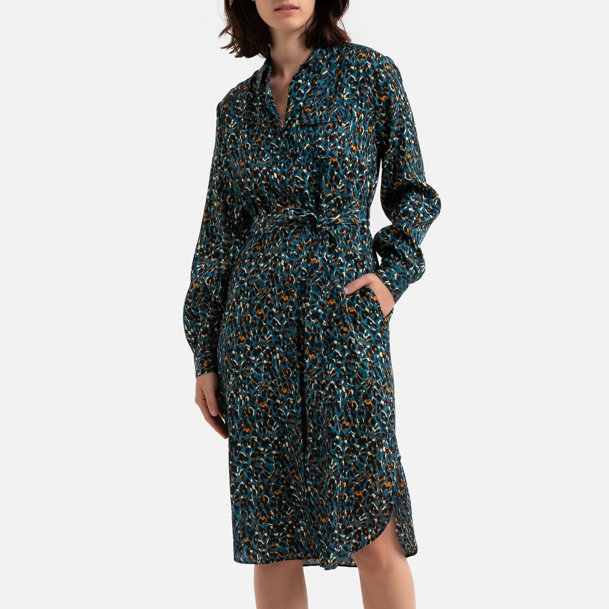 Платье La Redoute Длинное с леопардовым принтом рубашечный воротник M синий, размер M - фото 1