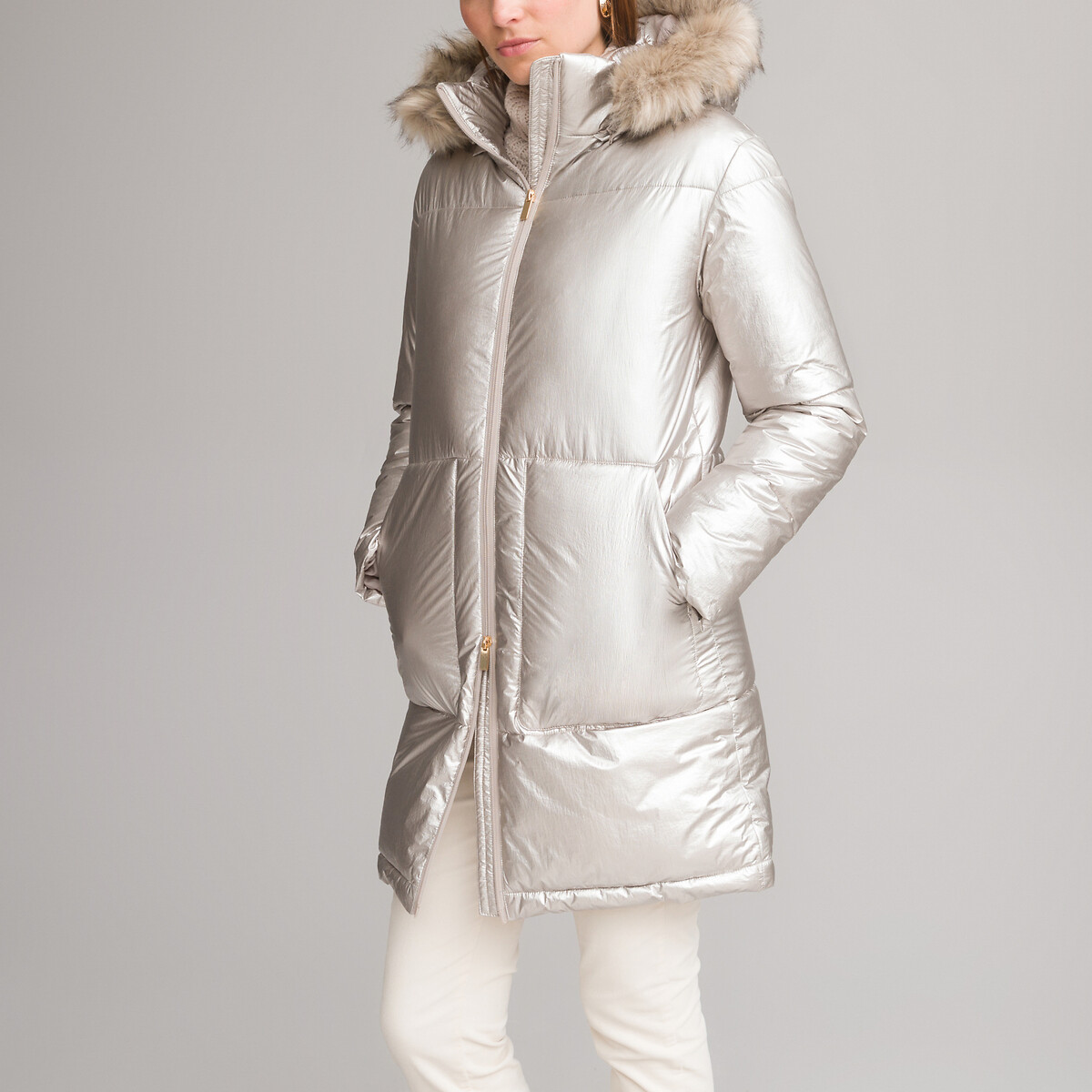 Куртка стеганая зимняя средней длины съемный капюшон 50 (FR) - 56 (RUS) серый пончо демисезонное оверсайз средней длины капюшон размер 40 50 голубой